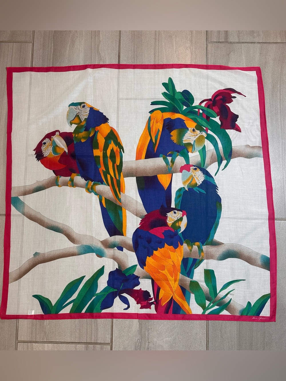 Vintage Ginnie Johansen 100% cotton tropical parrot scarf. Made in Japan 33.5x35